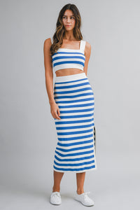 Margot Two Piece Set Striped Crop Top And Skirt With Side Slit