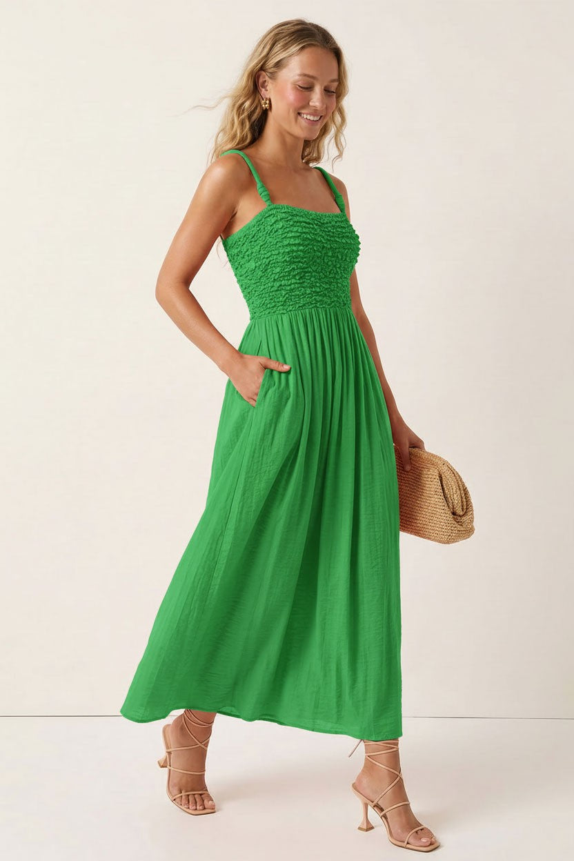 Smocked Maxi With Cord Straps in Emerald