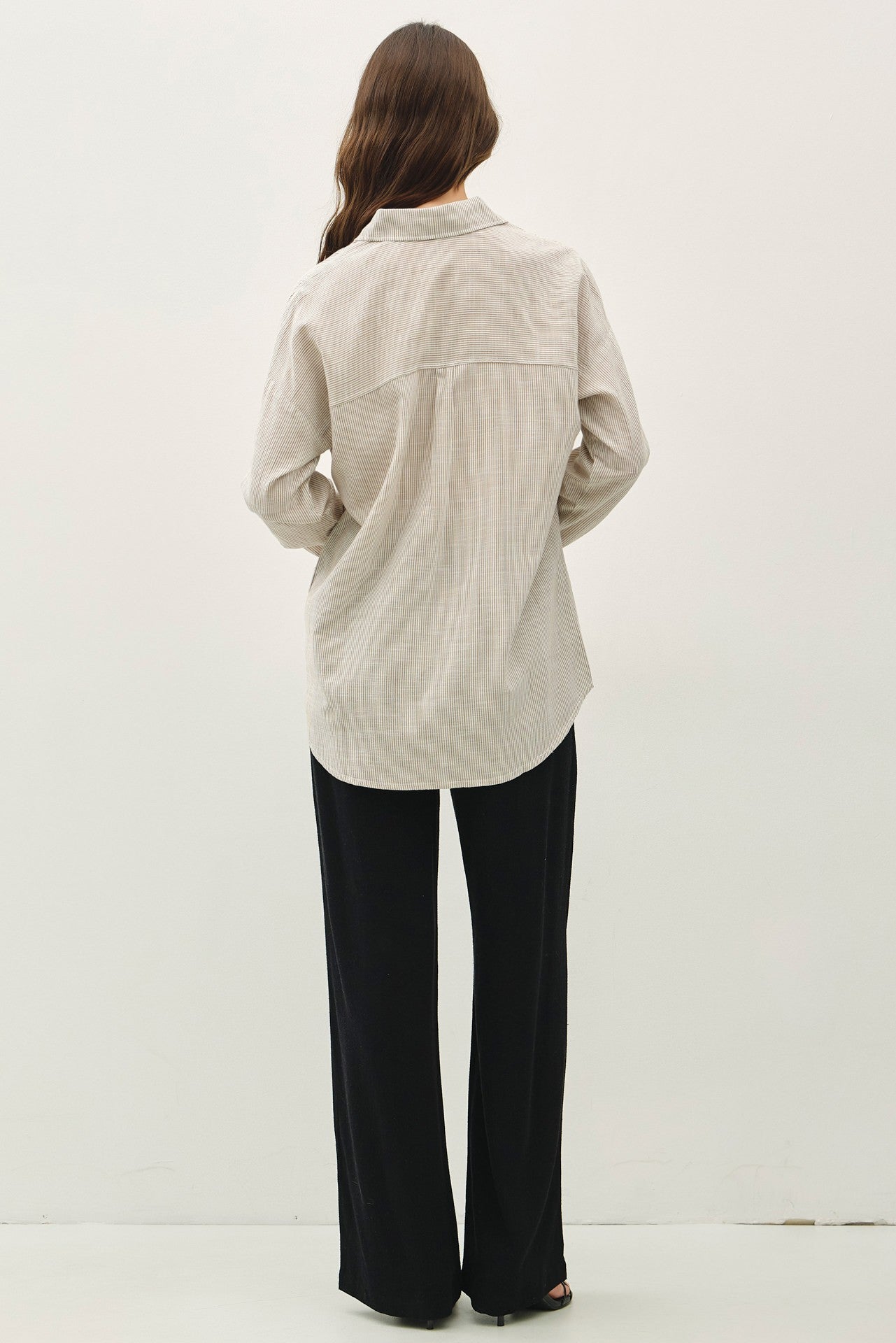 Shoreline Thin Stripe Button Down Top in Taupe
