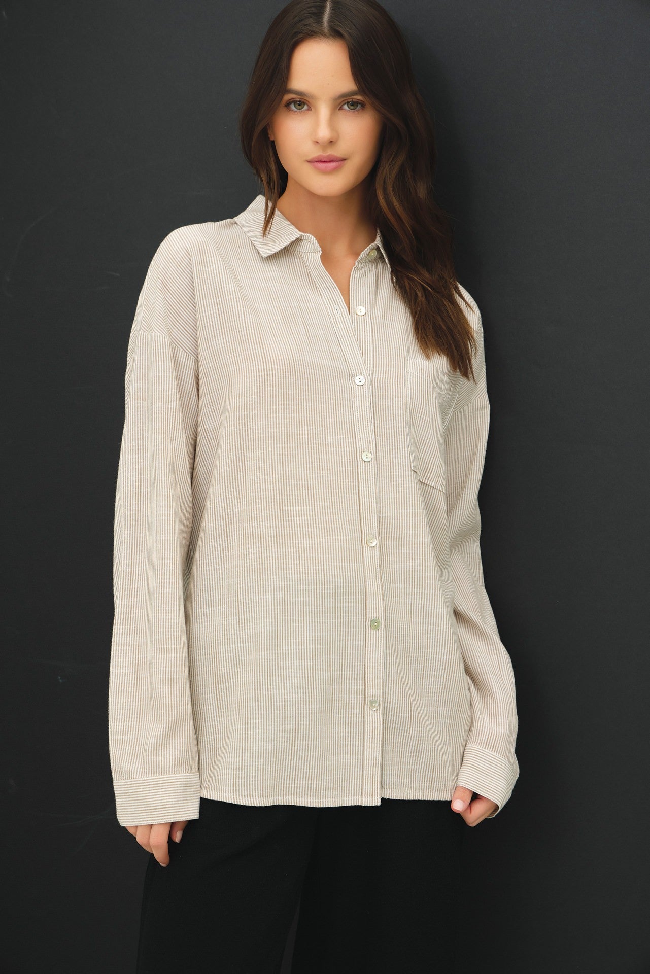 Shoreline Thin Stripe Button Down Top in Taupe