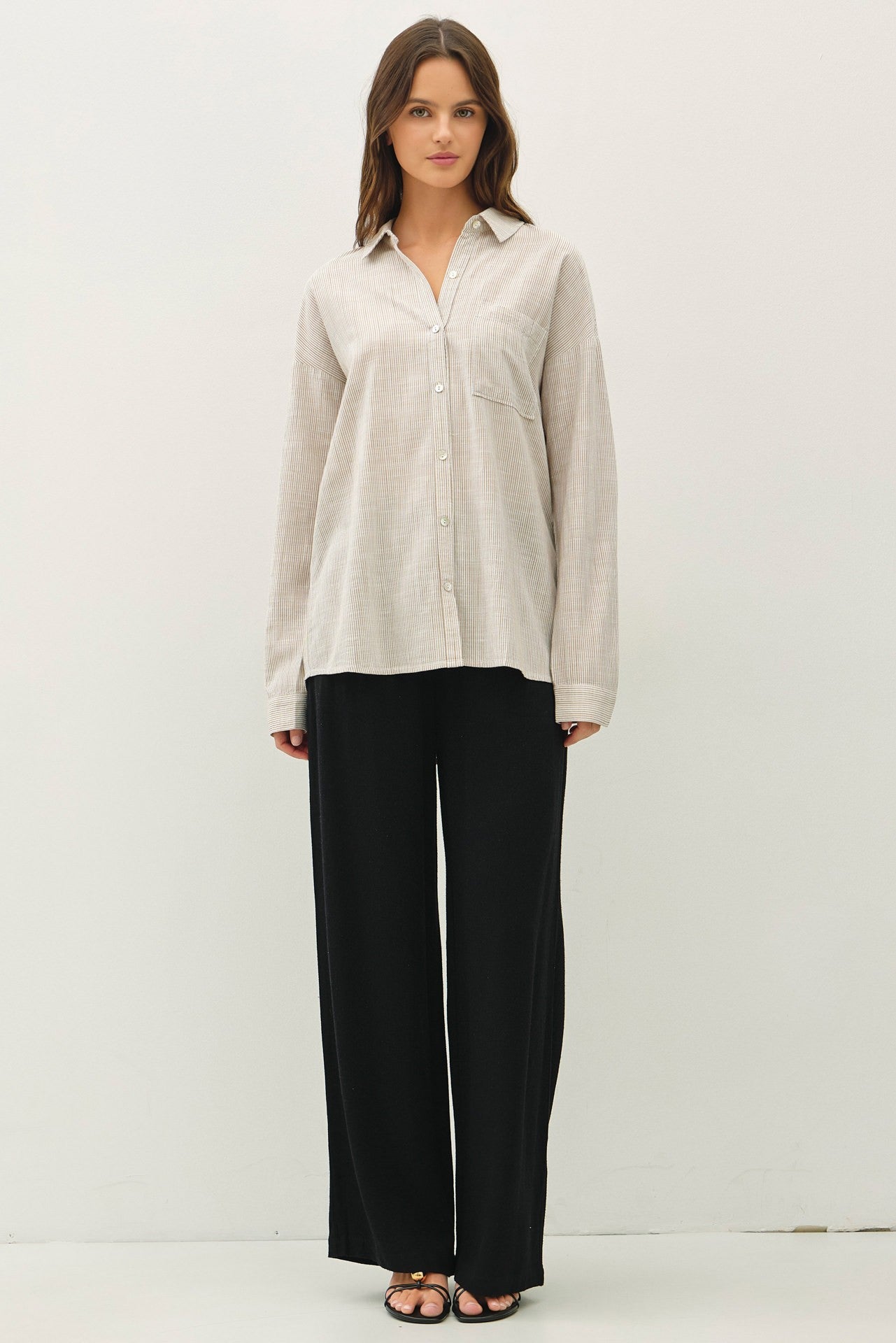 Shoreline Thin Stripe Button Down Top in Taupe