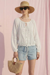 Nicolette Lace Trim Tie Neck Button Down Top