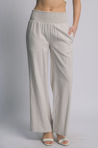Vacay Smocked Waist Linen Pants in Taupe