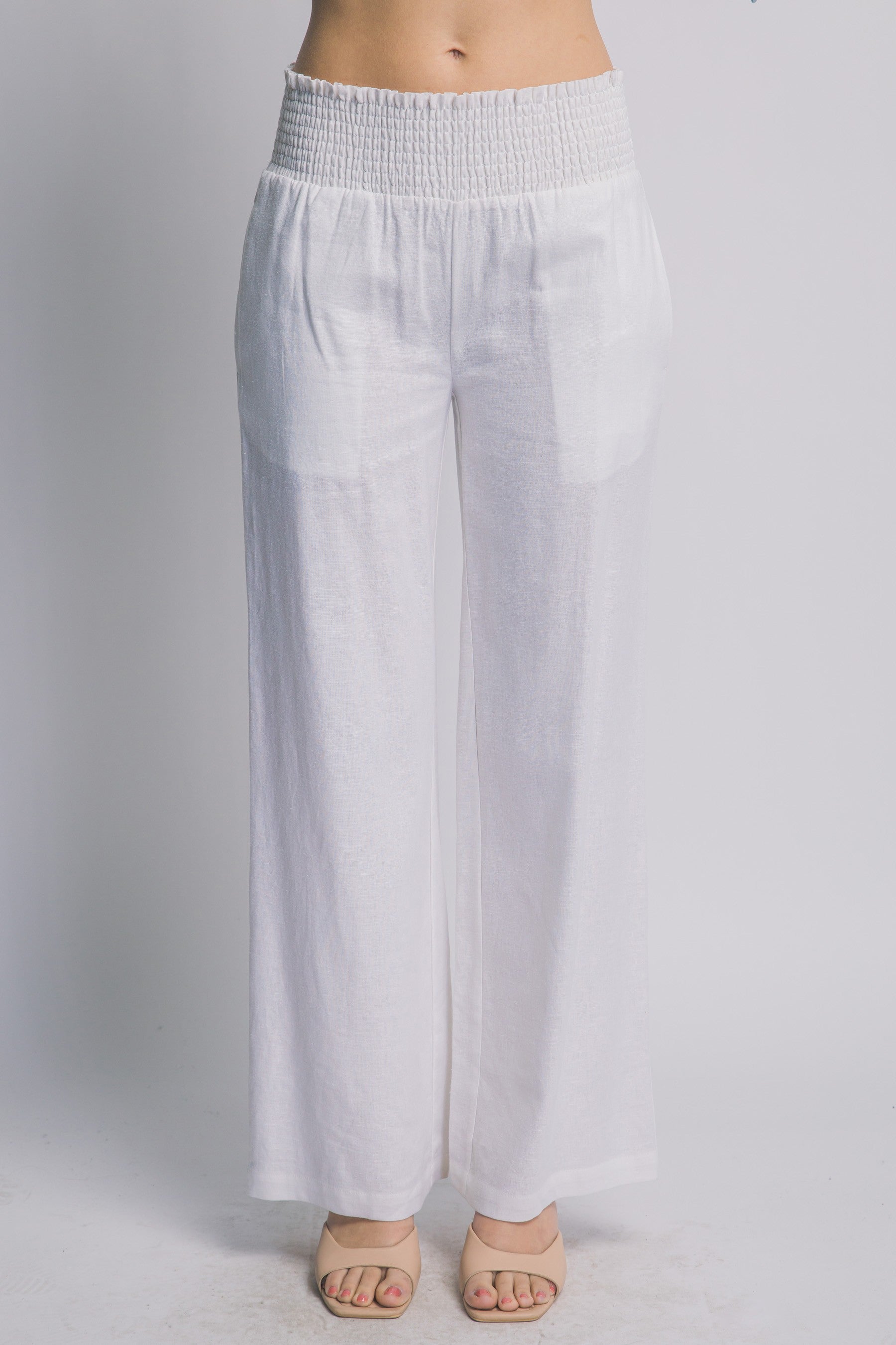 Vacay Smocked Waist Linen Pants in White