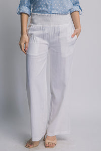 Vacay Smocked Waist Linen Pants in White