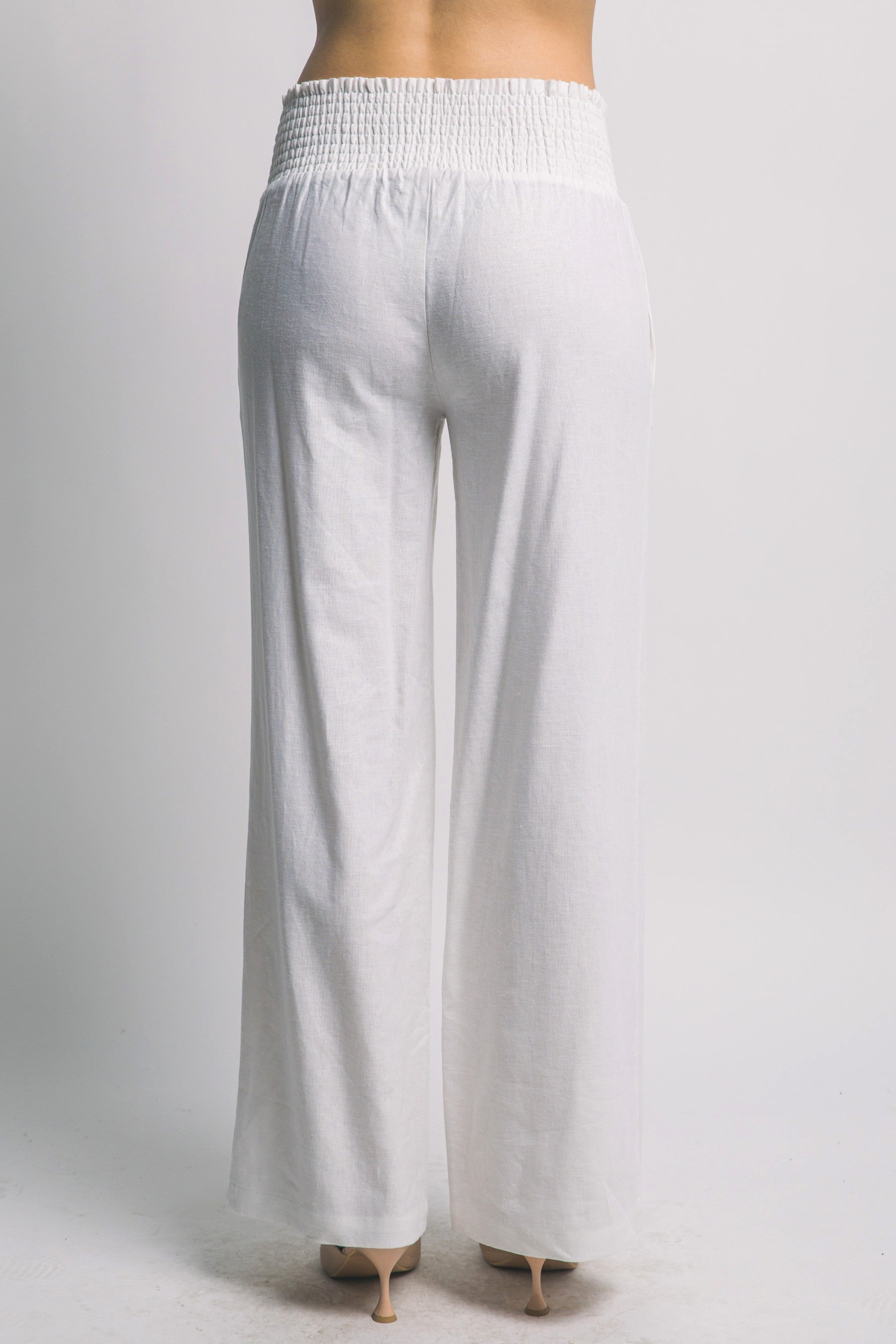 Vacay Smocked Waist Linen Pants in White