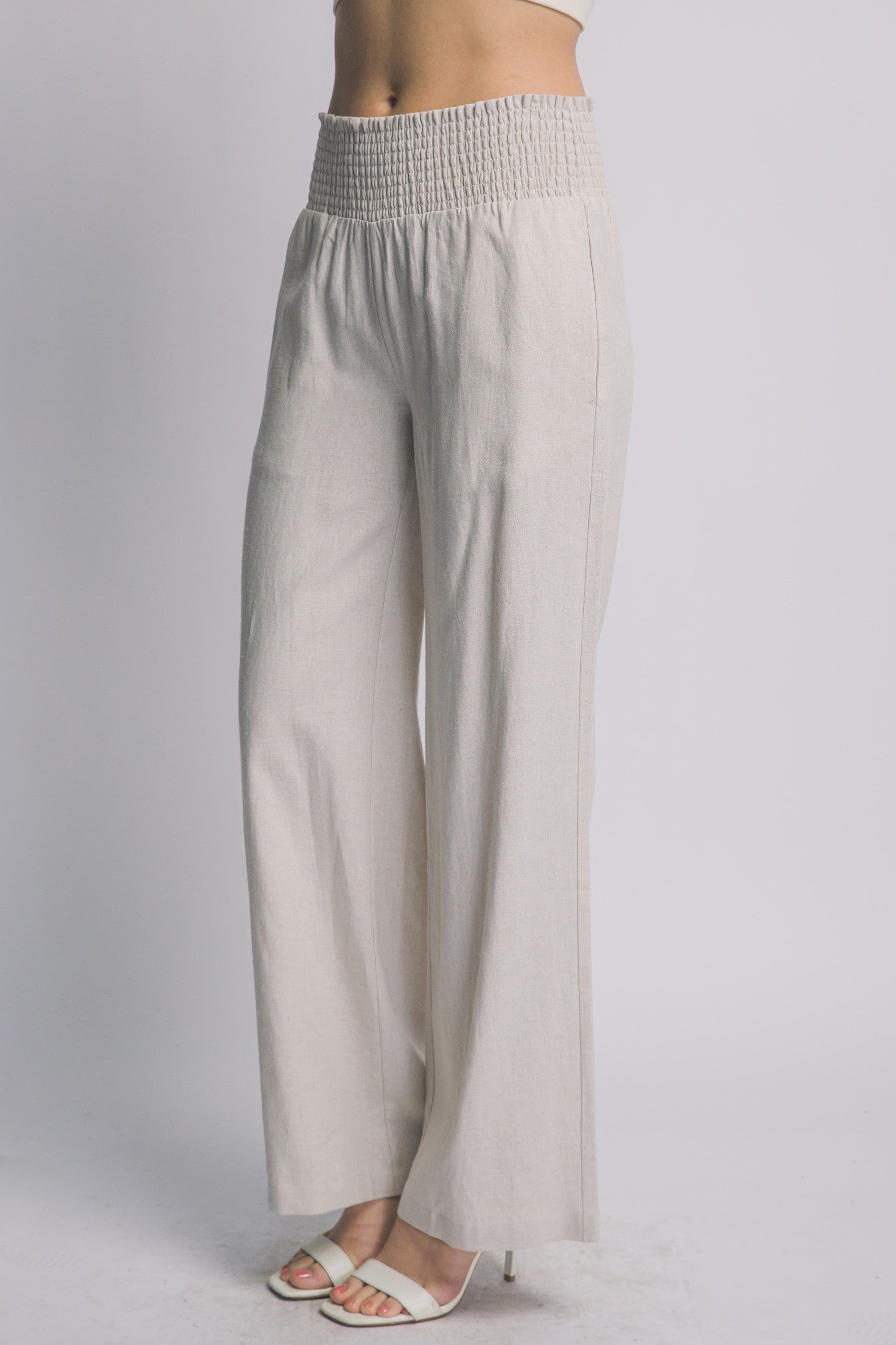 Vacay Smocked Waist Linen Pants in Taupe