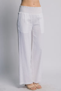Vacay Smocked Waist Linen Pants in White