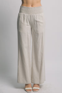 Vacay Smocked Waist Linen Pants in Taupe