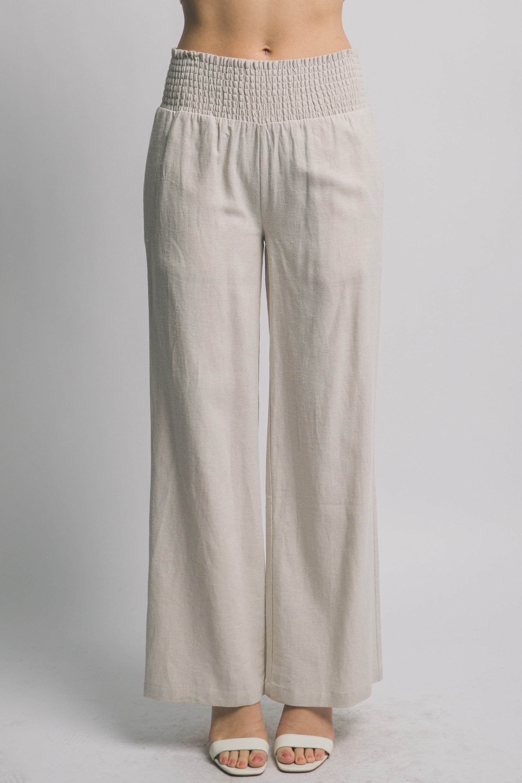 Vacay Smocked Waist Linen Pants in Taupe