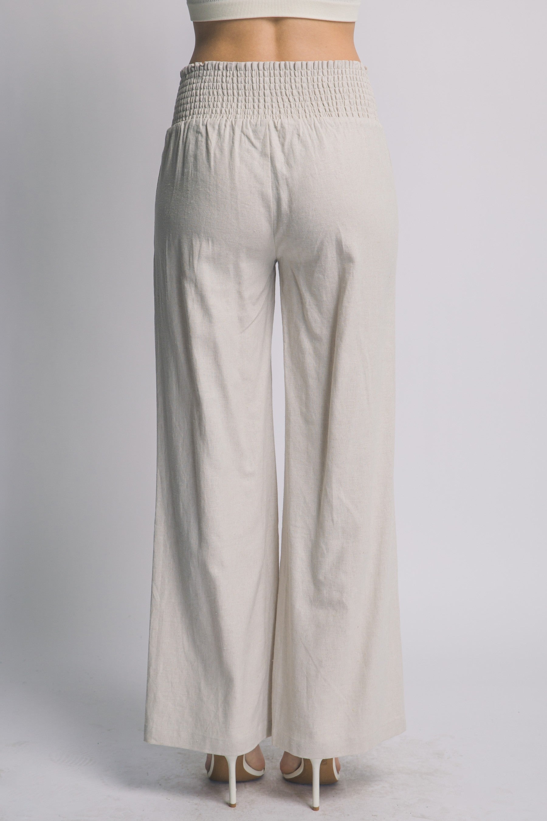 Vacay Smocked Waist Linen Pants in Taupe
