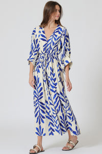 Blue Vines Cinch Waist Midi Dress