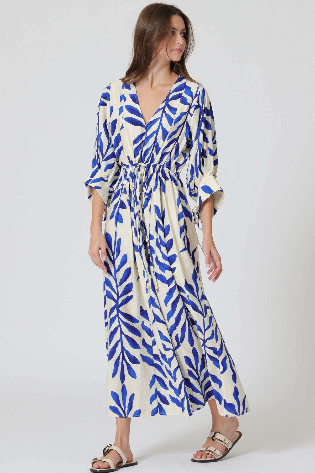 Blue Vines Cinch Waist Midi Dress