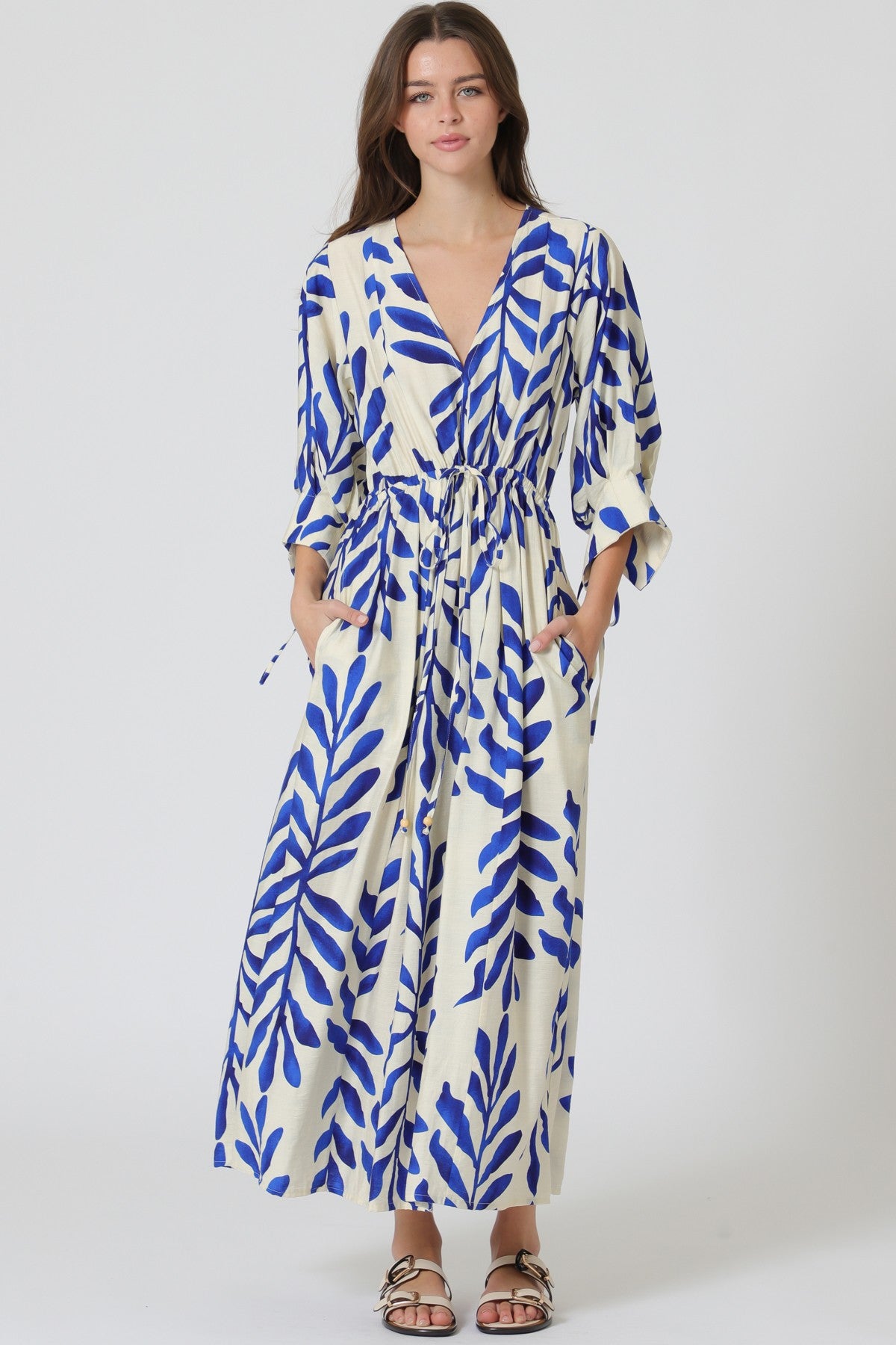 Blue Vines Cinch Waist Midi Dress