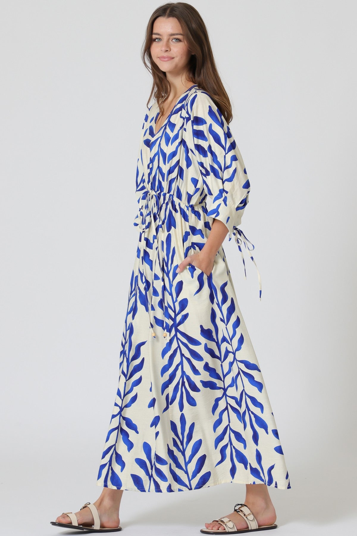 Blue Vines Cinch Waist Midi Dress
