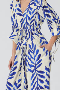 Blue Vines Cinch Waist Midi Dress