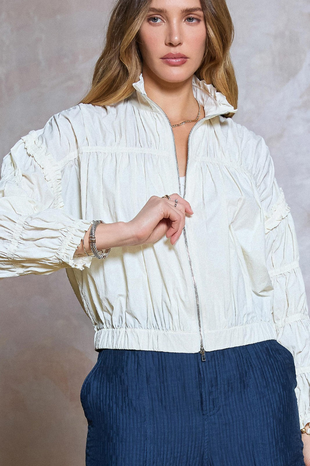 Lumière Ruffled Collar Cropped Blouson Jacket