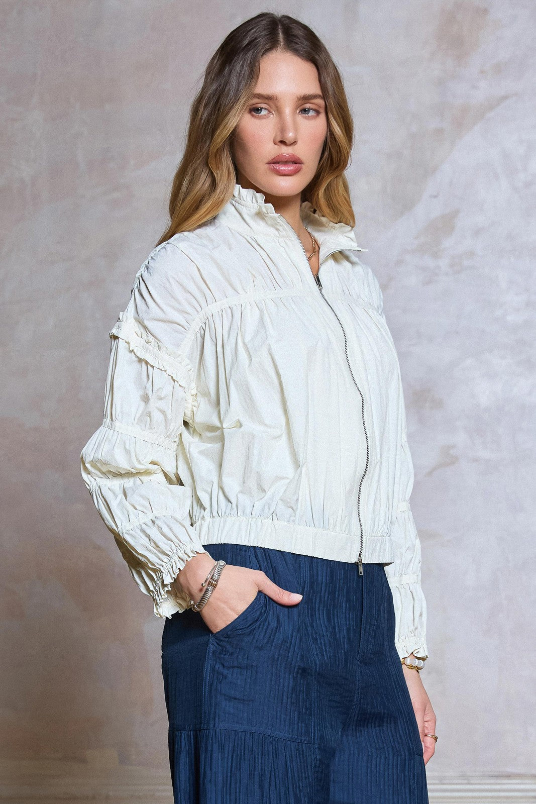 Lumière Ruffled Collar Cropped Blouson Jacket