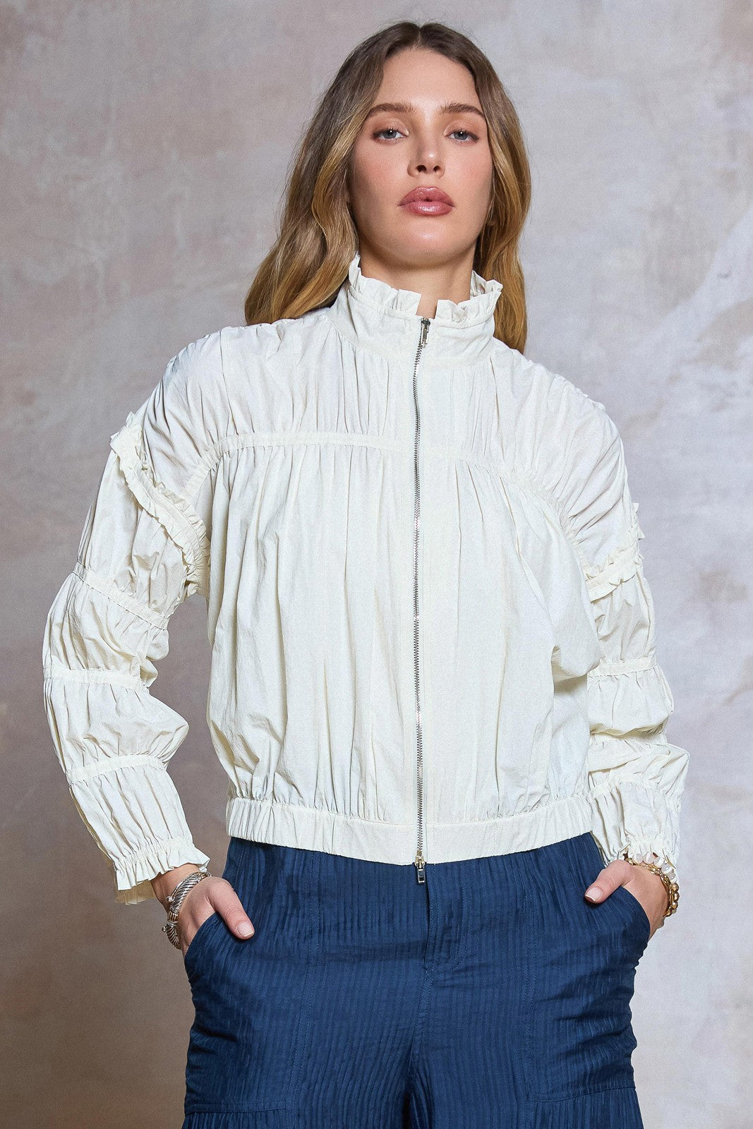 Lumière Ruffled Collar Cropped Blouson Jacket