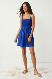 Smocked Top Cord Strap Mini Dress in Blue