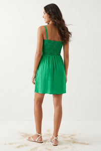 Smocked Top Cord Strap Mini Dress in Green