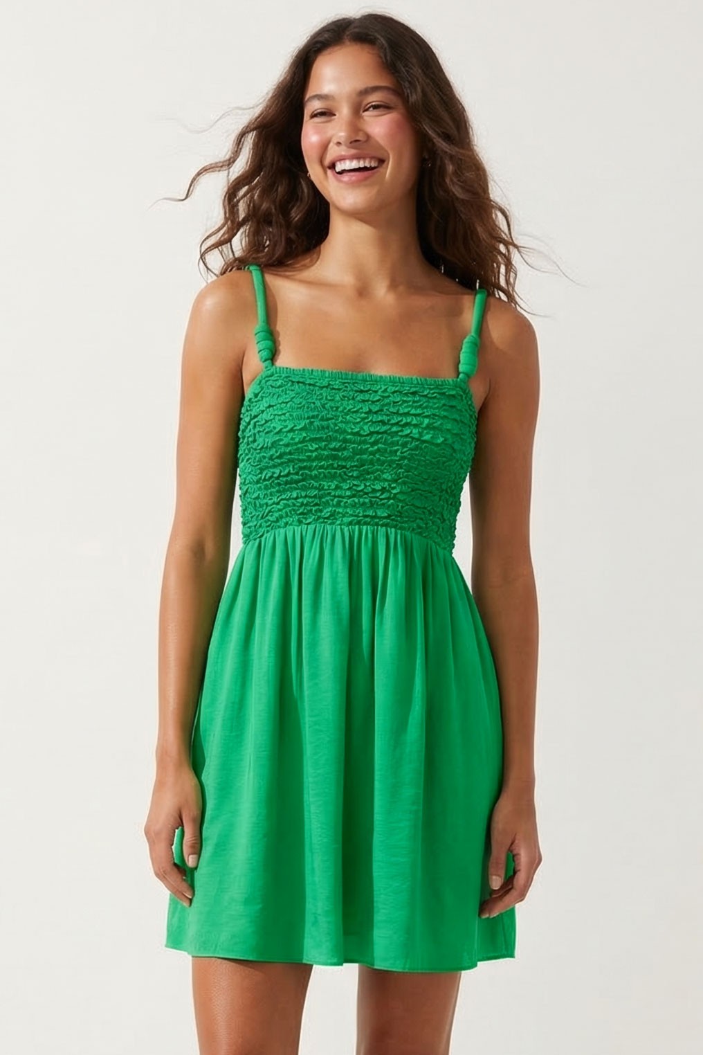 Smocked Top Cord Strap Mini Dress in Green