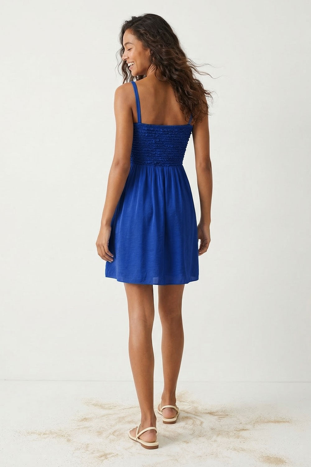 Smocked Top Cord Strap Mini Dress in Blue