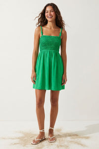 Smocked Top Cord Strap Mini Dress in Green