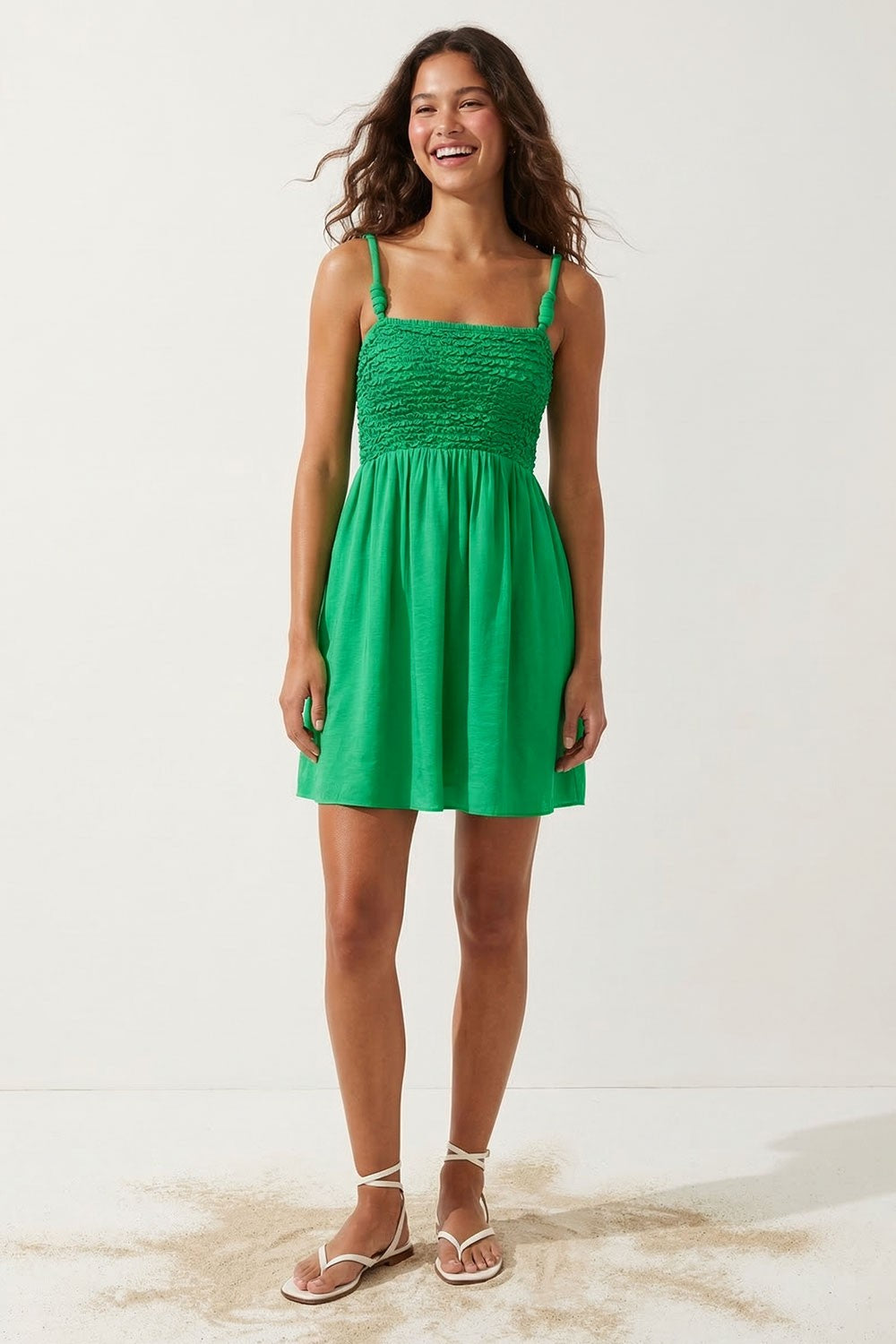 Smocked Top Cord Strap Mini Dress in Green