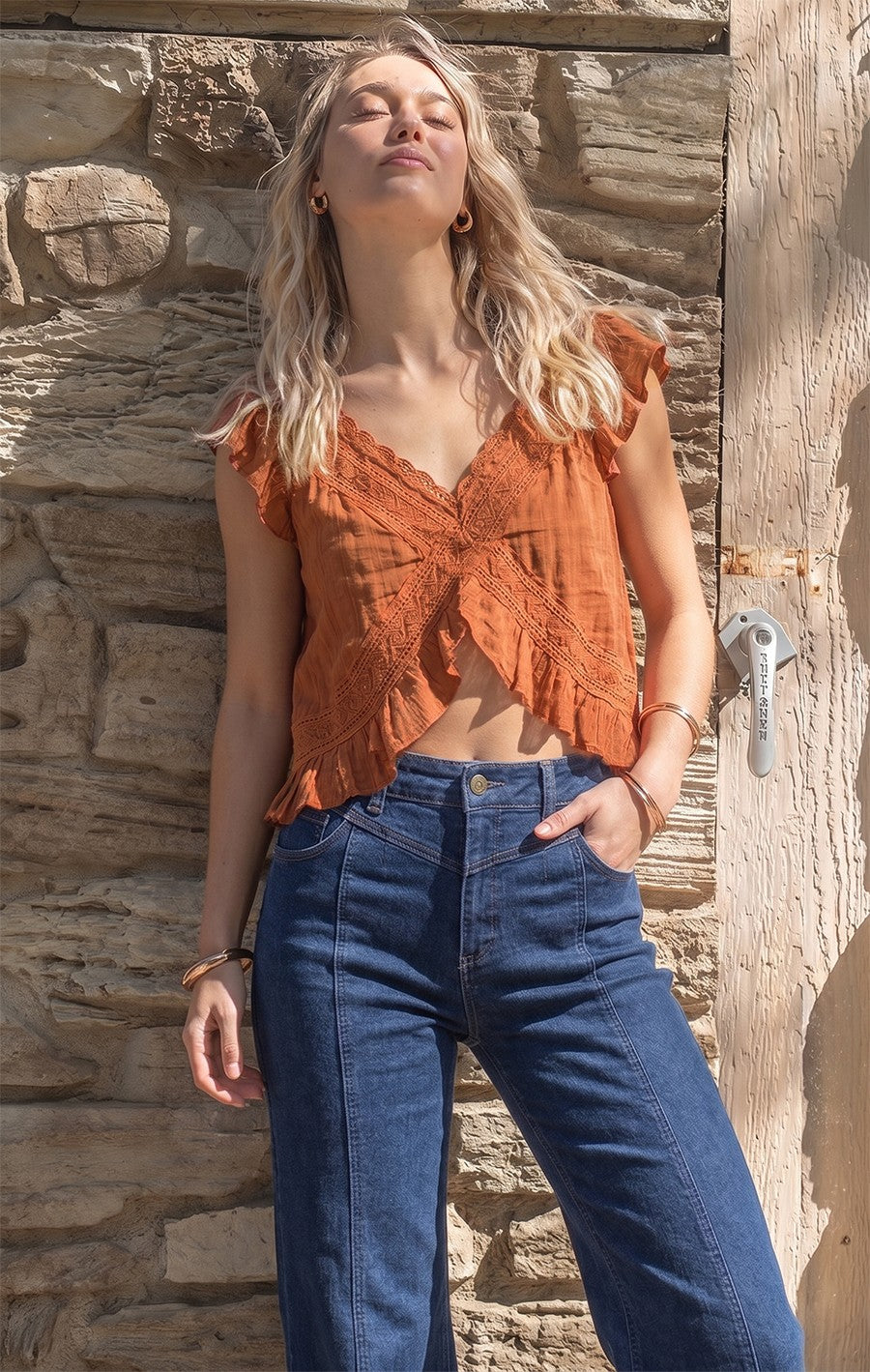 Fiona Ruffle Sleeve Crochet Lace Top in Rust