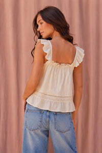 Fiona Ruffle Sleeve Crochet Lace Top in Ecru