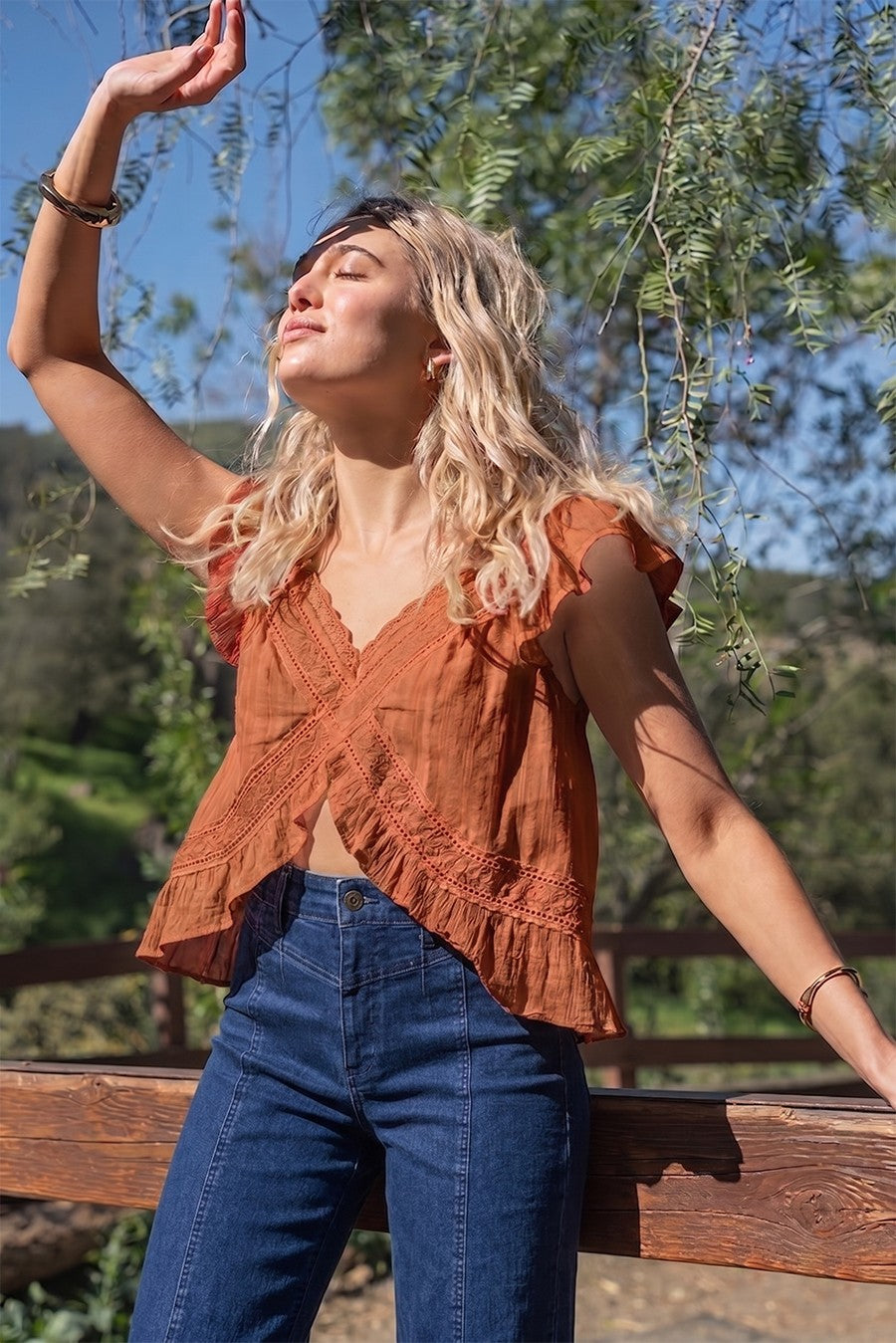 Fiona Ruffle Sleeve Crochet Lace Top in Rust