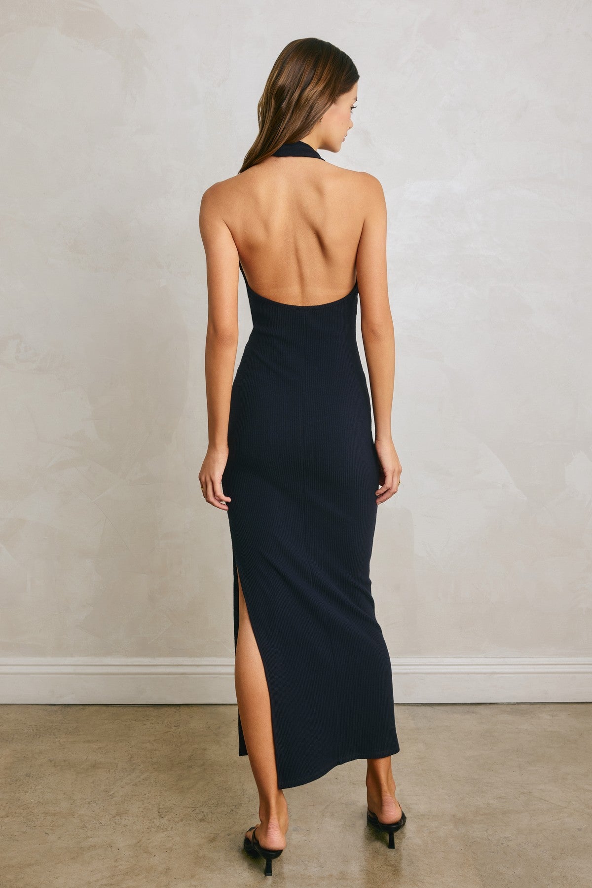 Capri Plunging Gold Trim Halter Dress