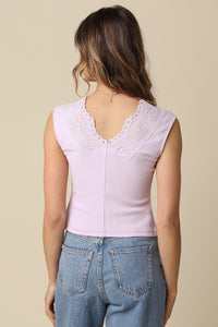 Delilah Tie Front Lace Trim Top in Lilac