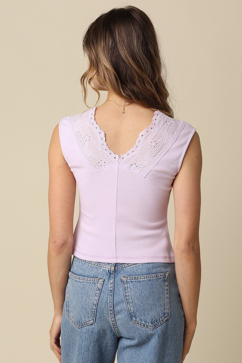 Delilah Tie Front Lace Trim Top in Lilac