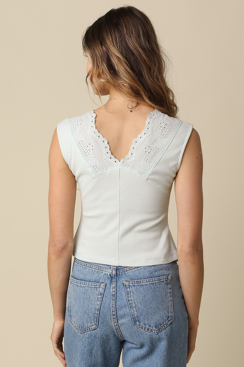 Delilah Tie Front Lace Trim Top in Mint