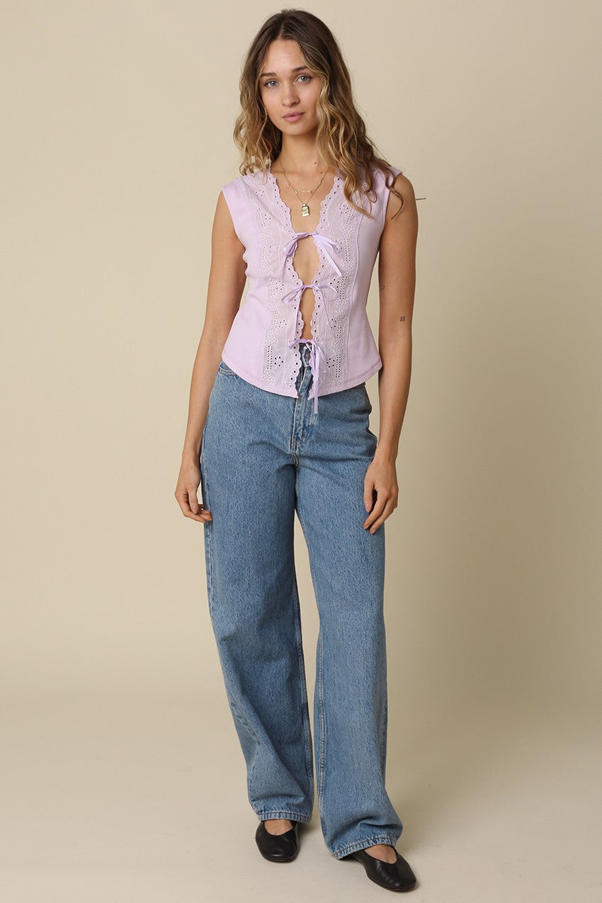 Delilah Tie Front Lace Trim Top in Lilac