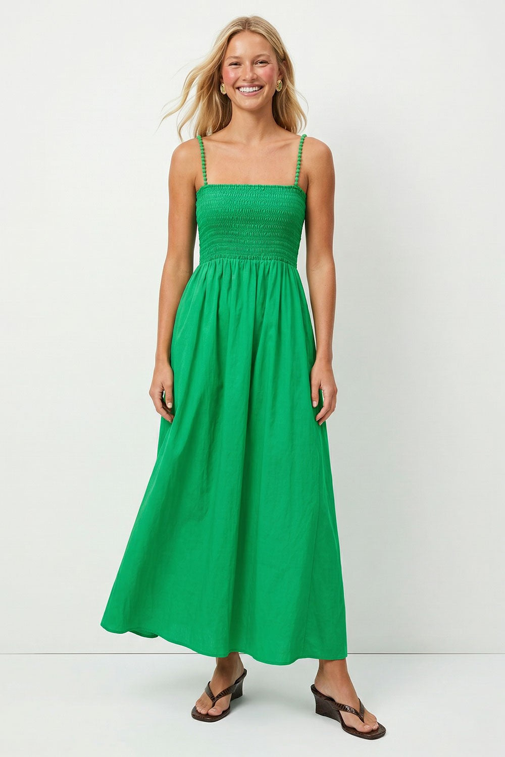 Pom Pom Strap Maxi Dress in Green