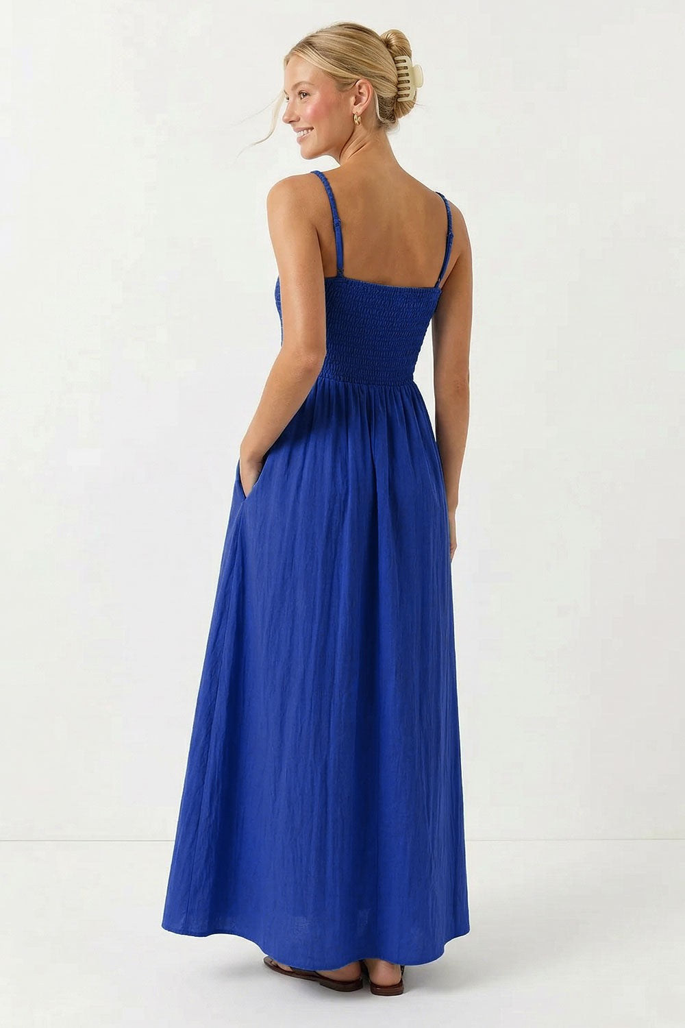 Pom Pom Strap Maxi Dress in Blue