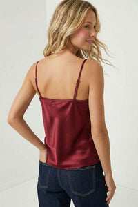 Soleil Scallop Trim Satin Cami in Red — back view