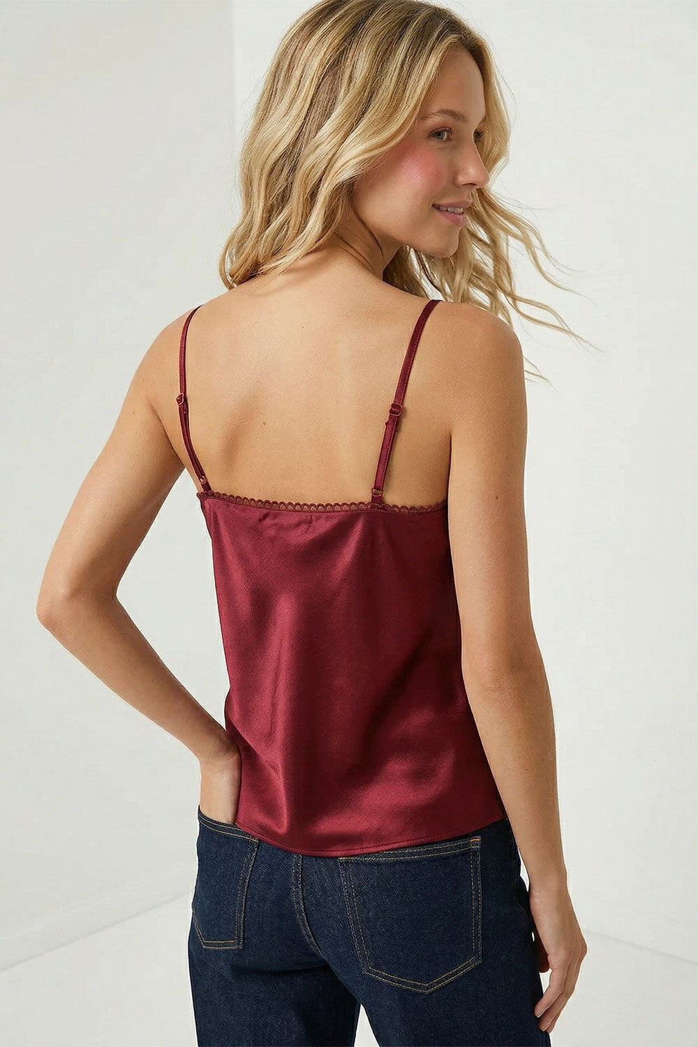 Soleil Scallop Trim Satin Cami in Red — back view