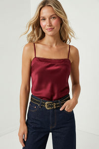 Soleil Scallop Trim Satin Cami in Red — front view