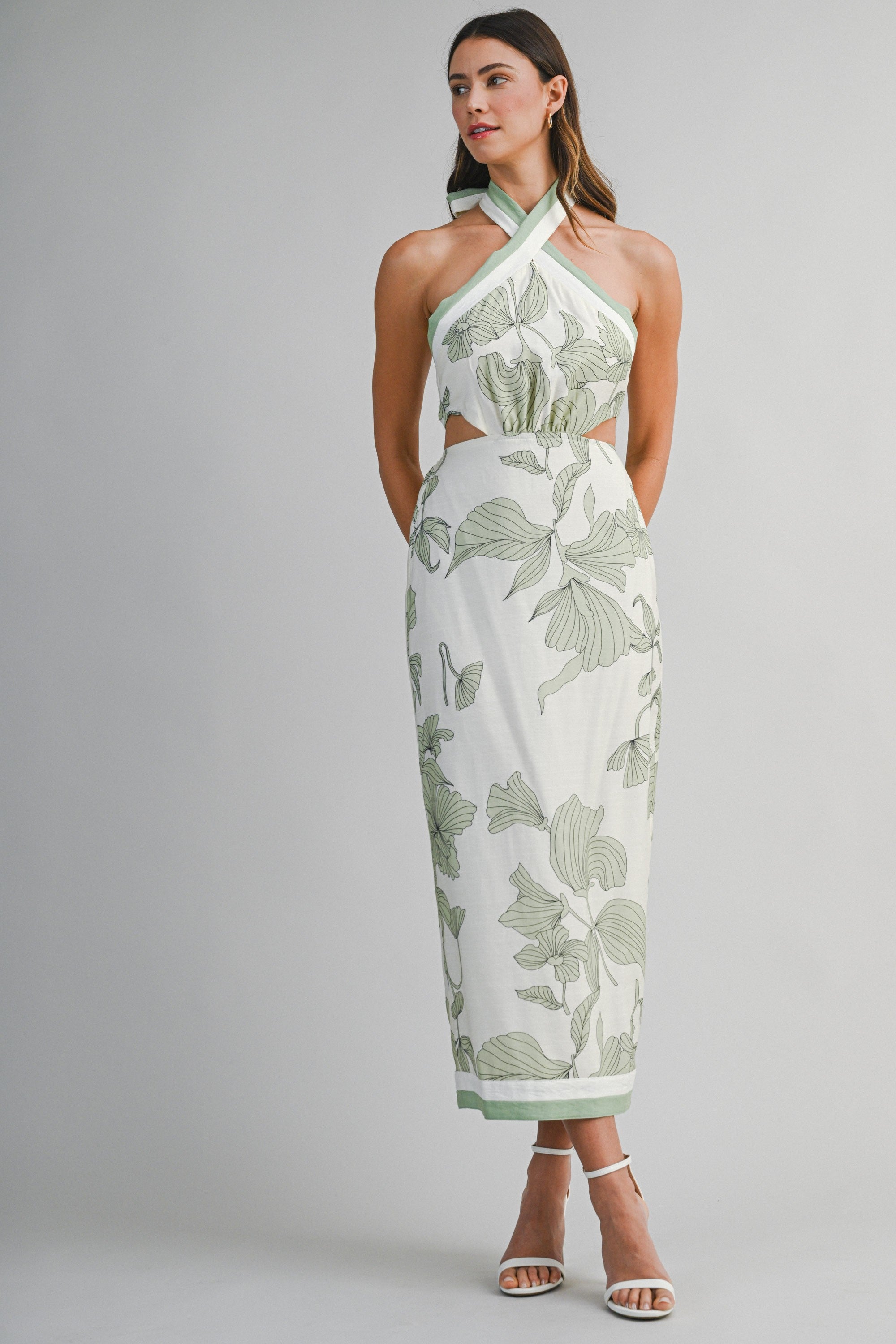 Cut Out Halter Midi Dress in Sage