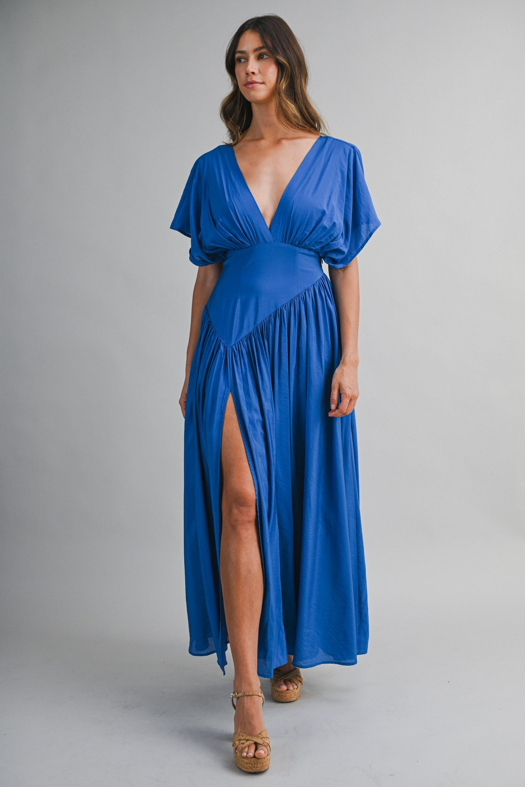Corfu Deep V Flutter Sleeve Maxi Dress