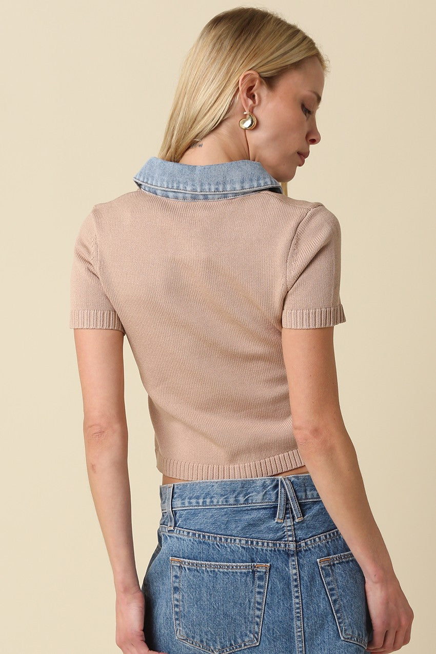 Contrast denim Collar Crop Top in KHAKI