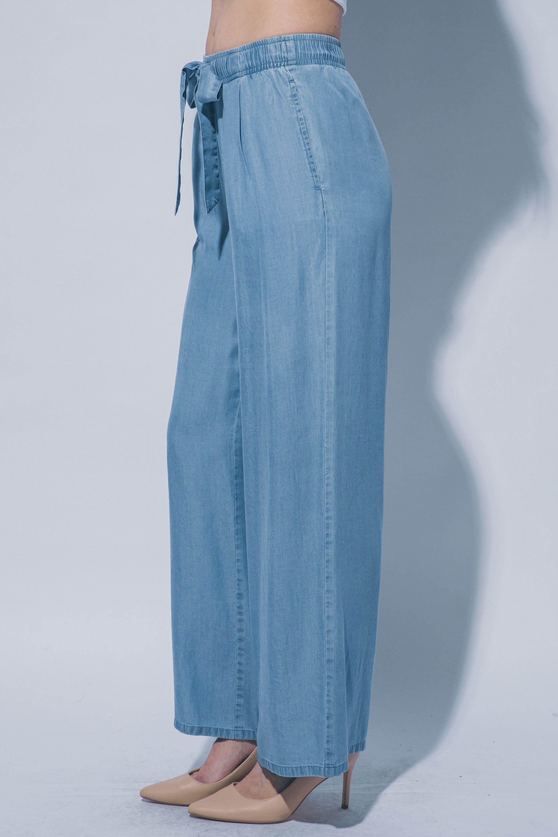 Drawstring Chambray Pants in Light Blue