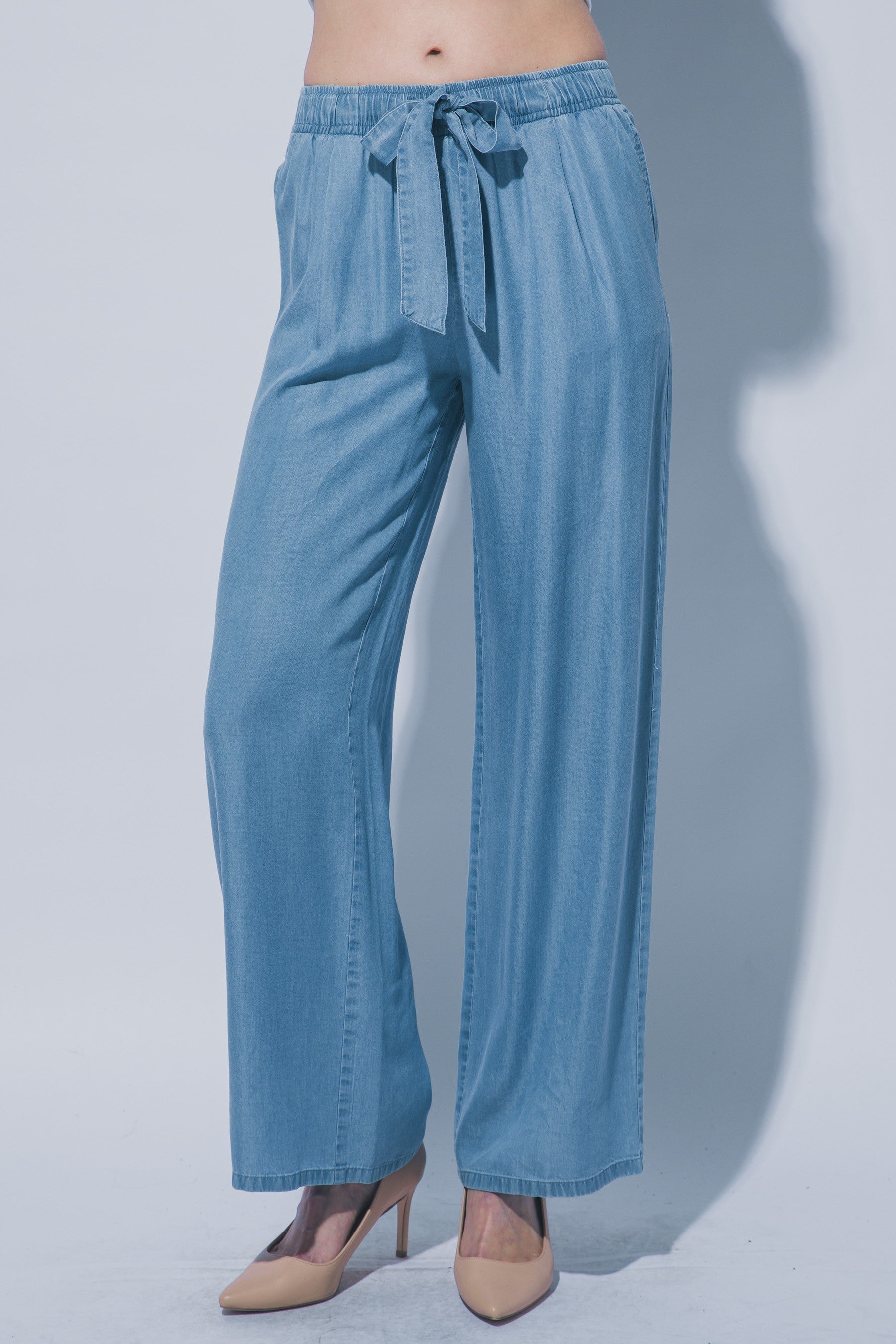 Drawstring Chambray Pants in Light Blue