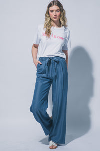 Drawstring Chambray Pants in Blue