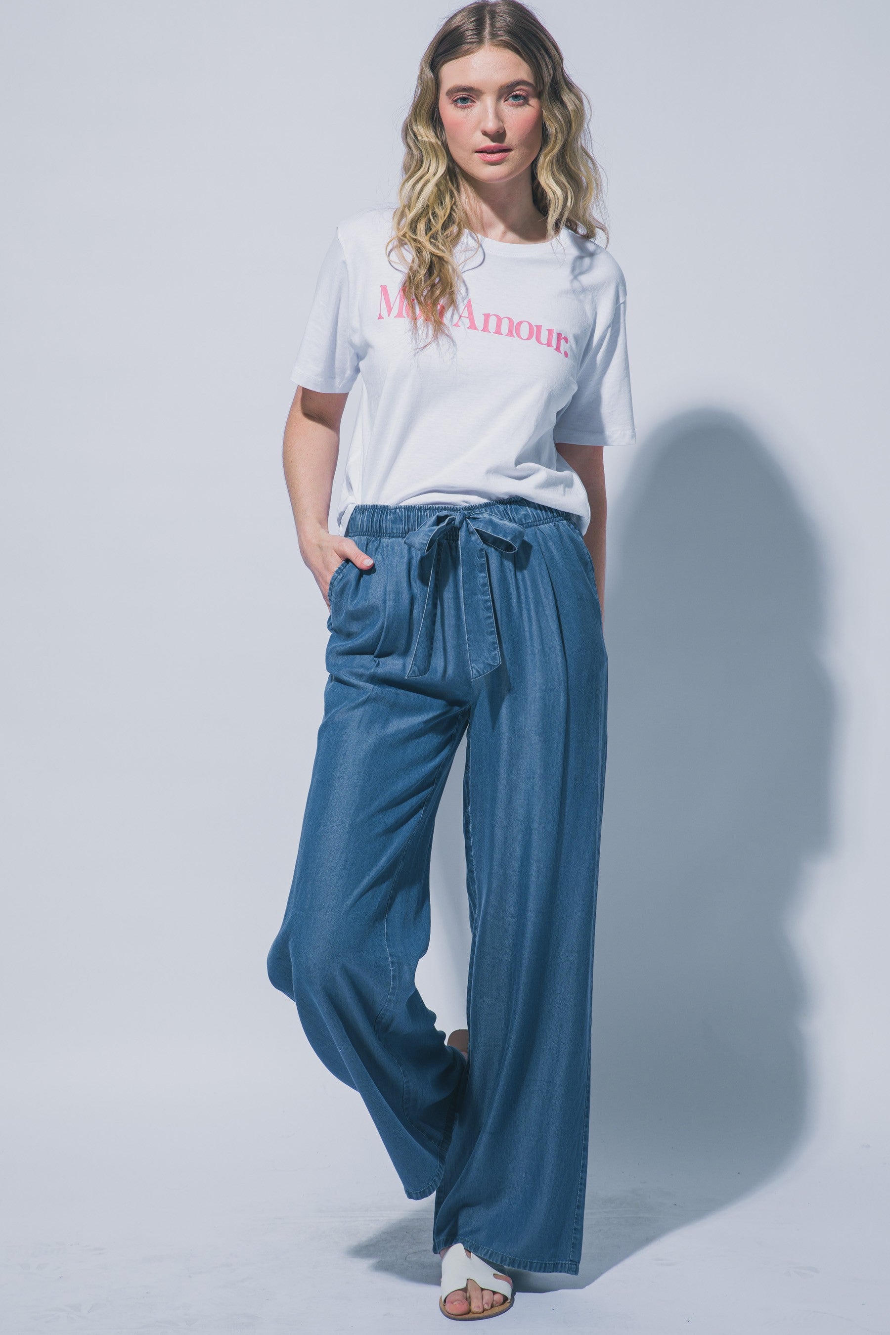 Drawstring Chambray Pants in Blue