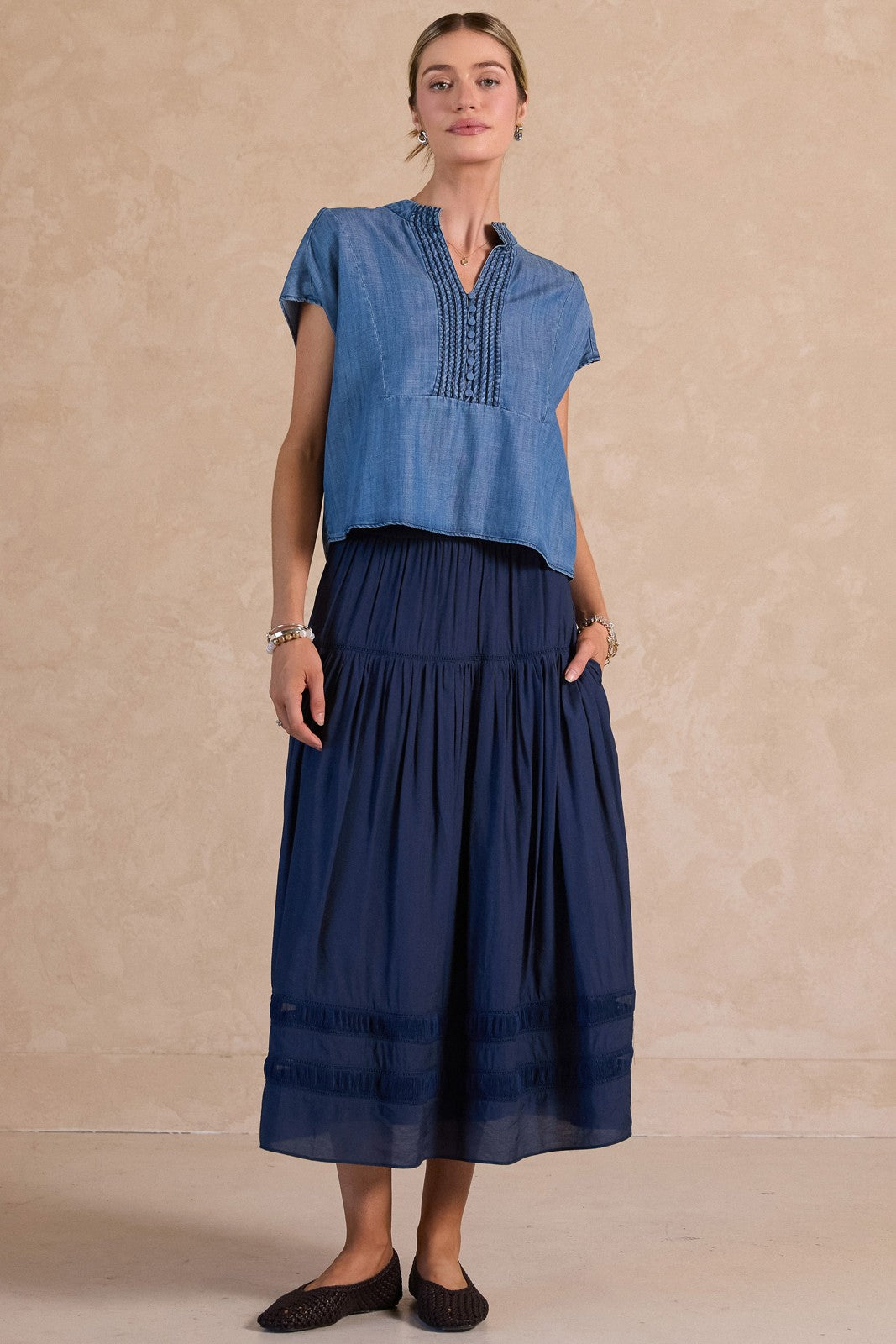A Line Tiered Midi Skirt in Navy